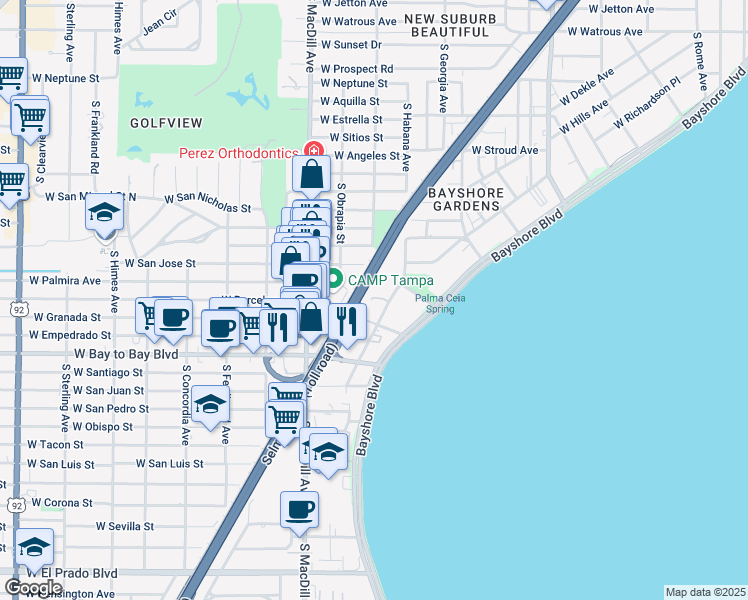 map of restaurants, bars, coffee shops, grocery stores, and more near 2909 West Barcelona Street in Tampa
