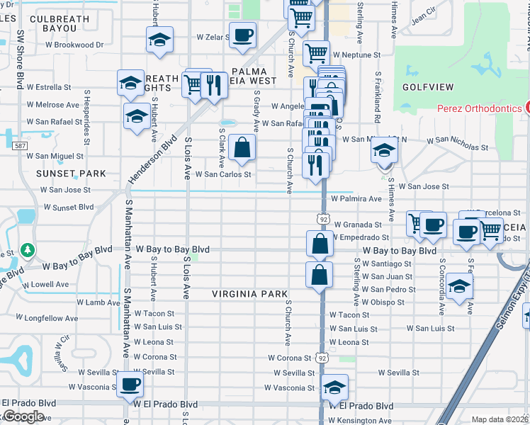 map of restaurants, bars, coffee shops, grocery stores, and more near 3910 West Palmira Avenue in Tampa