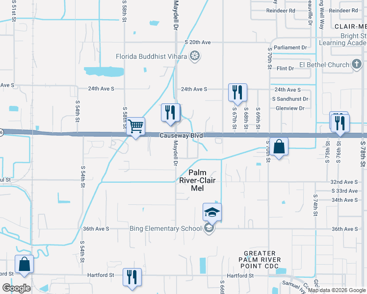 map of restaurants, bars, coffee shops, grocery stores, and more near 6203 Causeway Boulevard in Tampa