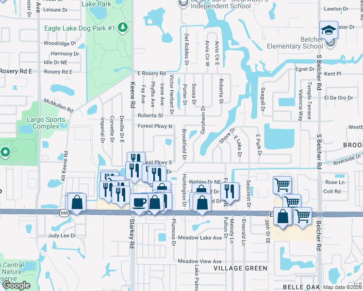 map of restaurants, bars, coffee shops, grocery stores, and more near 680 Brookfield Drive in Largo