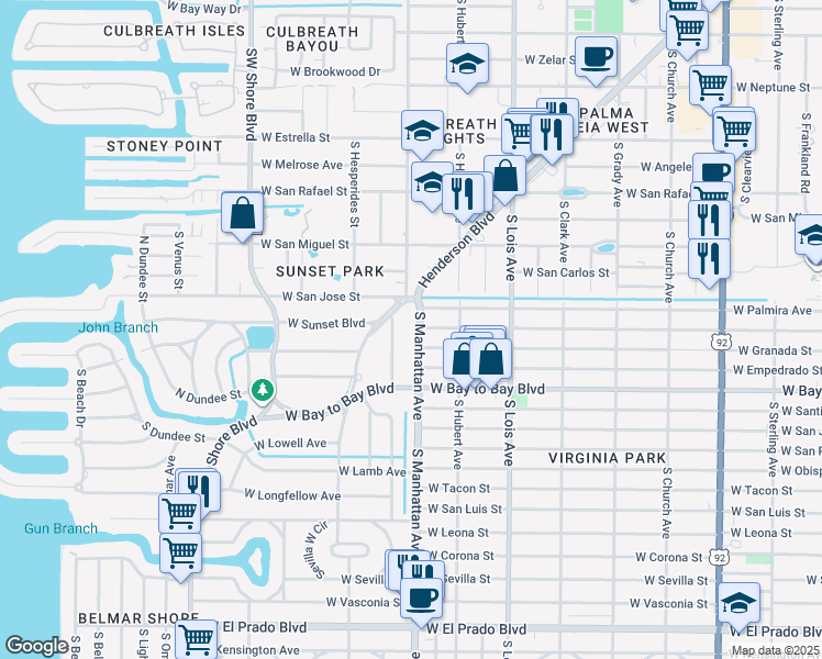 map of restaurants, bars, coffee shops, grocery stores, and more near 2601 South Manhattan Avenue in Tampa
