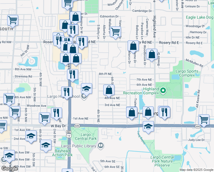 map of restaurants, bars, coffee shops, grocery stores, and more near 516 6th Avenue Northeast in Largo