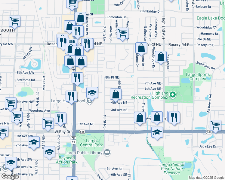 map of restaurants, bars, coffee shops, grocery stores, and more near 516 6th Avenue Northeast in Largo