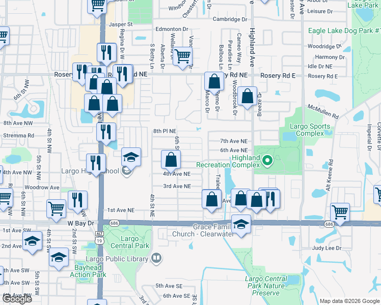 map of restaurants, bars, coffee shops, grocery stores, and more near 620 6th Avenue Northeast in Largo