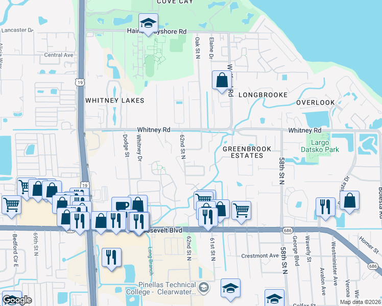 map of restaurants, bars, coffee shops, grocery stores, and more near 2034 Branch Creek Avenue in Clearwater