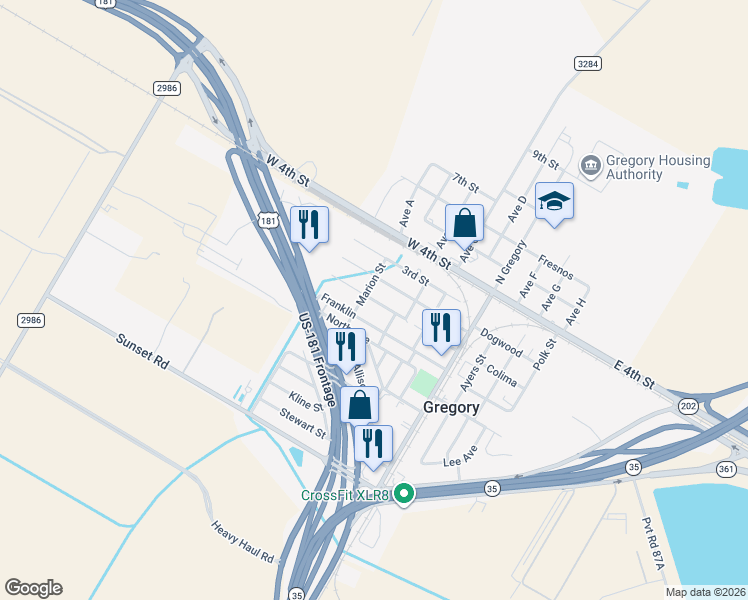 map of restaurants, bars, coffee shops, grocery stores, and more near 310 Marion Street in Gregory