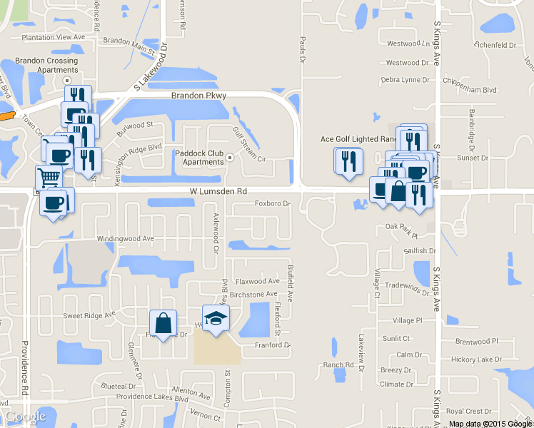map of restaurants, bars, coffee shops, grocery stores, and more near 1407 Foxboro Drive in Brandon