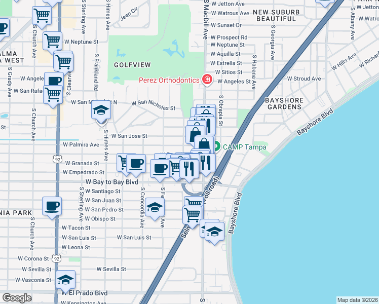 map of restaurants, bars, coffee shops, grocery stores, and more near 3201 West Palmira Avenue in Tampa