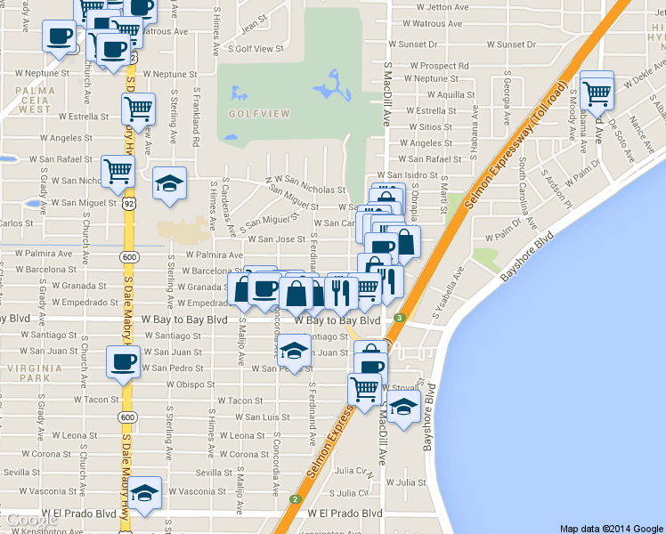 map of restaurants, bars, coffee shops, grocery stores, and more near 3201 West Palmira Avenue in Tampa