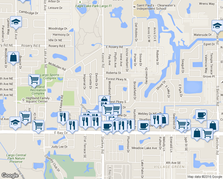 map of restaurants, bars, coffee shops, grocery stores, and more near 599 Woodland Drive in Largo