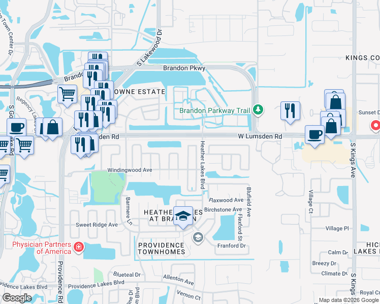 map of restaurants, bars, coffee shops, grocery stores, and more near 1032 Axlewood Circle in Brandon