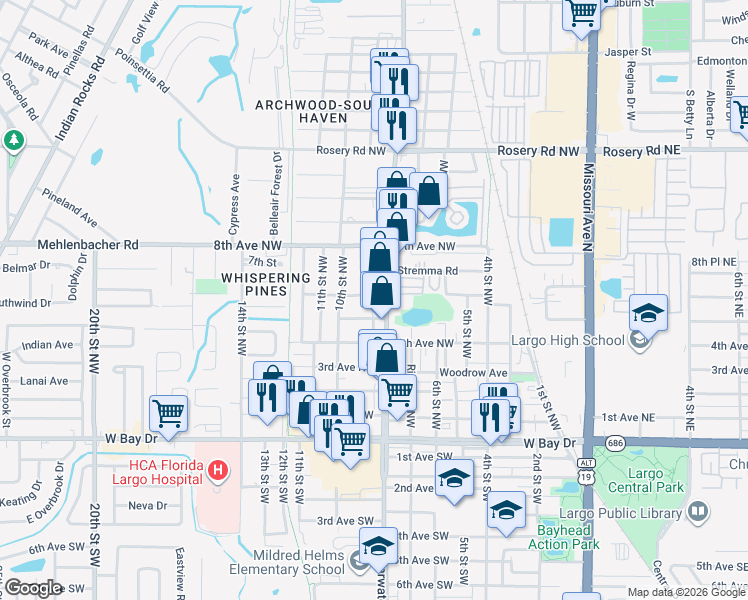 map of restaurants, bars, coffee shops, grocery stores, and more near 575 Clearwater Largo Road North in Largo