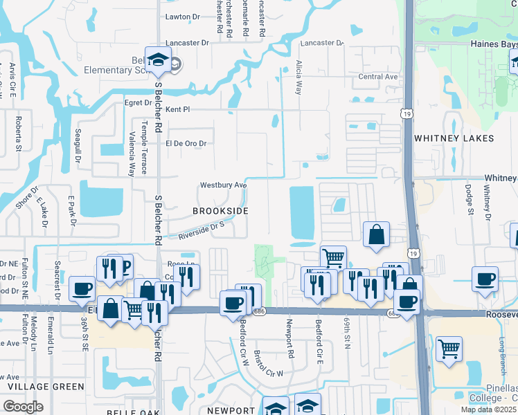 map of restaurants, bars, coffee shops, grocery stores, and more near 2045 Ashbury Drive in Clearwater