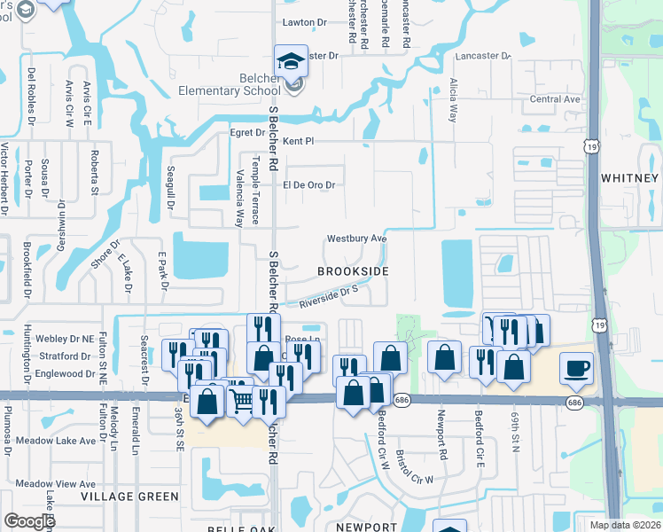 map of restaurants, bars, coffee shops, grocery stores, and more near 2240 Willowbrook Drive in Clearwater