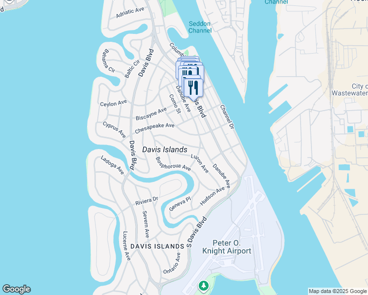 map of restaurants, bars, coffee shops, grocery stores, and more near 91 Huron Avenue in Tampa