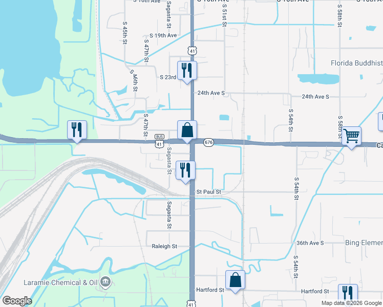 map of restaurants, bars, coffee shops, grocery stores, and more near 7402 30th Avenue South in Tampa