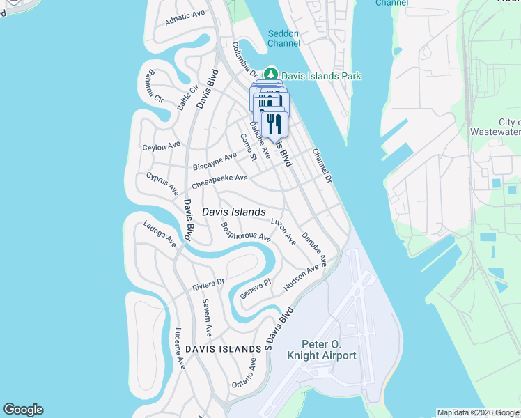 map of restaurants, bars, coffee shops, grocery stores, and more near 91 Huron Avenue in Tampa