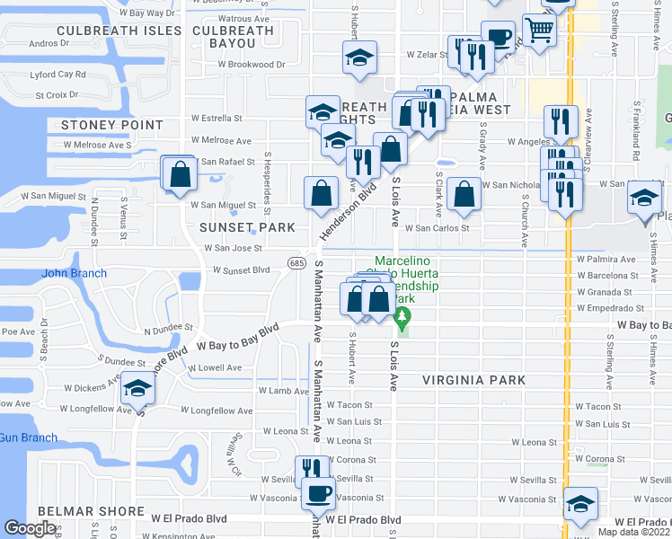map of restaurants, bars, coffee shops, grocery stores, and more near 4309 West Barcelona Street in Tampa