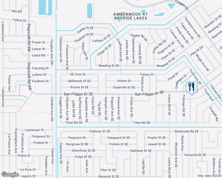 map of restaurants, bars, coffee shops, grocery stores, and more near 329 Dadeville Street Southeast in Palm Bay