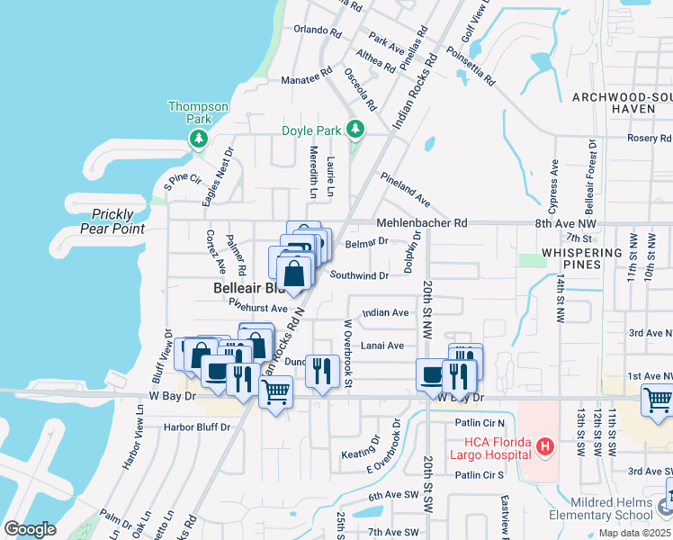 map of restaurants, bars, coffee shops, grocery stores, and more near 8 Southwind Drive in Belleair Bluffs