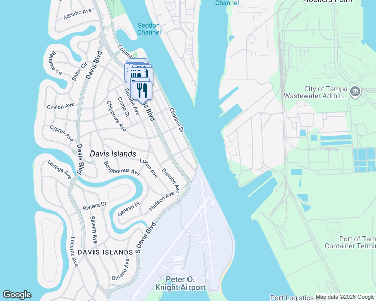 map of restaurants, bars, coffee shops, grocery stores, and more near 602 Channel Drive in Tampa