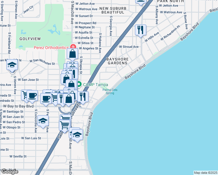 map of restaurants, bars, coffee shops, grocery stores, and more near 2619 Bayshore Boulevard in Tampa