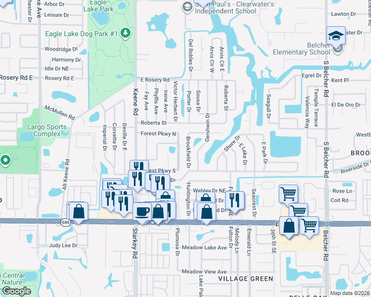 map of restaurants, bars, coffee shops, grocery stores, and more near 680 Brookfield Drive in Largo