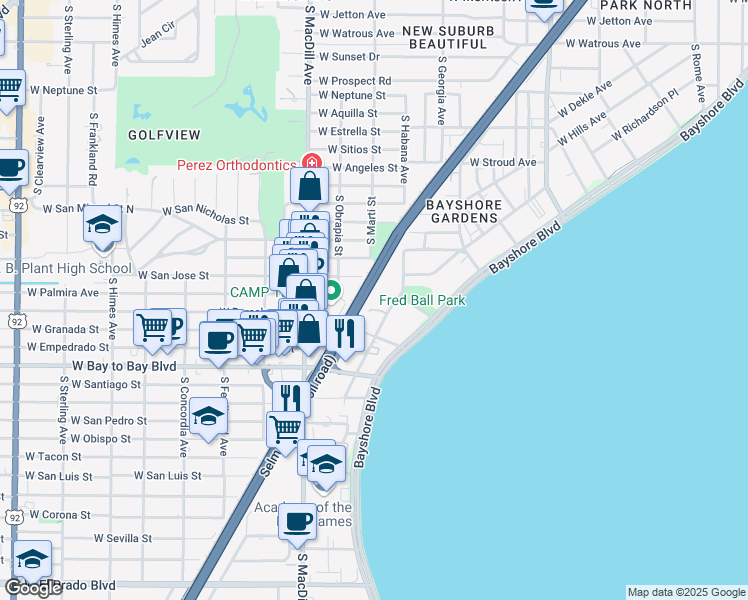 map of restaurants, bars, coffee shops, grocery stores, and more near 2909 West Barcelona Street in Tampa