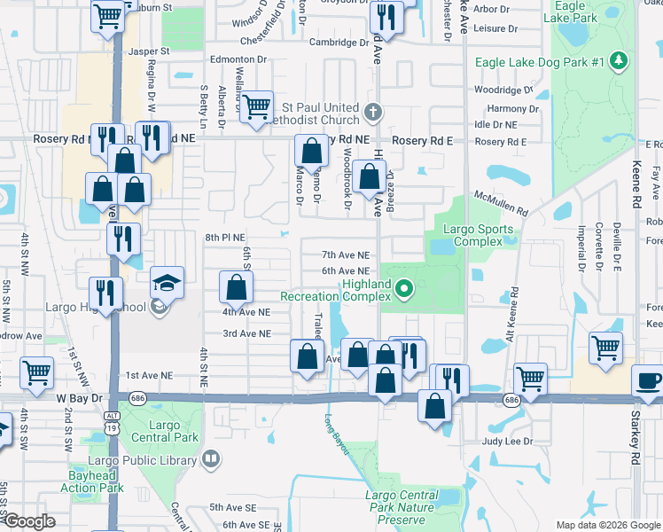 map of restaurants, bars, coffee shops, grocery stores, and more near 989 7th Avenue Northeast in Largo