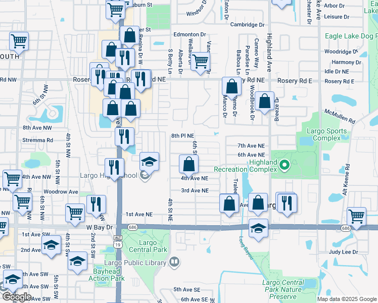 map of restaurants, bars, coffee shops, grocery stores, and more near 516 6th Avenue Northeast in Largo