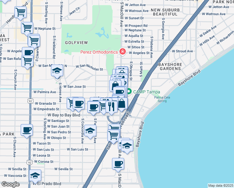 map of restaurants, bars, coffee shops, grocery stores, and more near 3104 West Palmira Avenue in Tampa