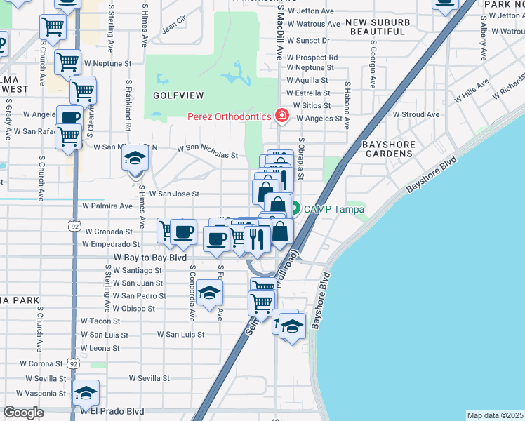 map of restaurants, bars, coffee shops, grocery stores, and more near 3104 West Palmira Avenue in Tampa
