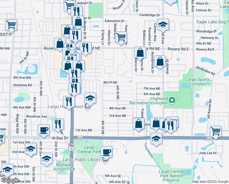 map of restaurants, bars, coffee shops, grocery stores, and more near 516 6th Avenue Northeast in Largo