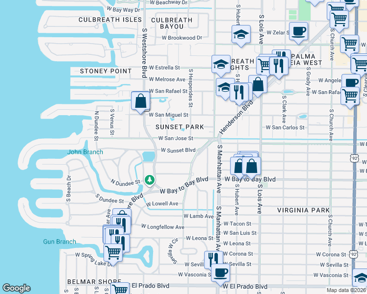 map of restaurants, bars, coffee shops, grocery stores, and more near 4611 West Sunset Boulevard in Tampa