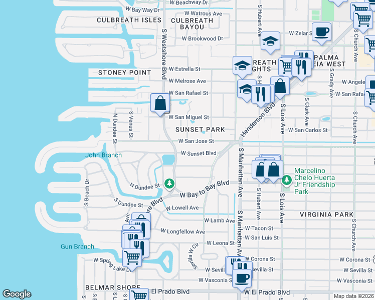 map of restaurants, bars, coffee shops, grocery stores, and more near 4625 West Sunset Boulevard in Tampa