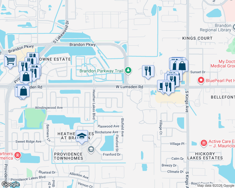 map of restaurants, bars, coffee shops, grocery stores, and more near 1407 Foxboro Drive in Brandon