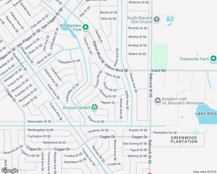 map of restaurants, bars, coffee shops, grocery stores, and more near 1461 Goyer Road Southeast in Palm Bay