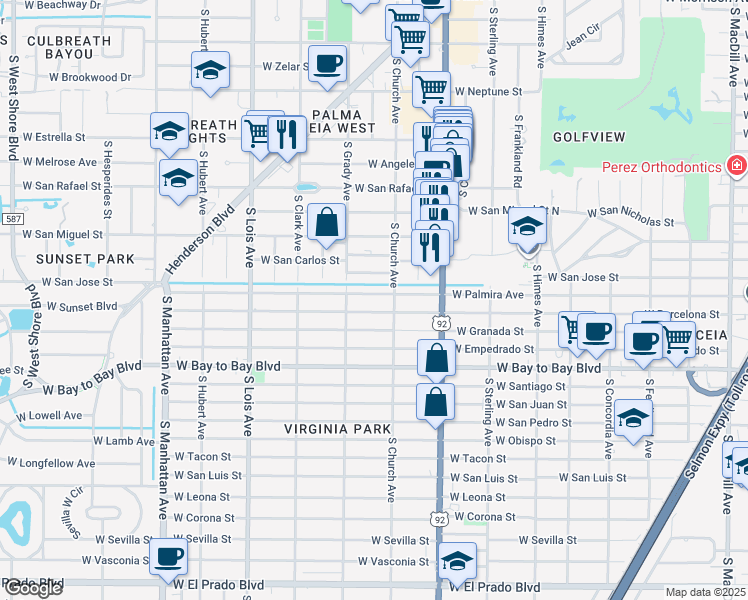 map of restaurants, bars, coffee shops, grocery stores, and more near 3910 West Palmira Avenue in Tampa