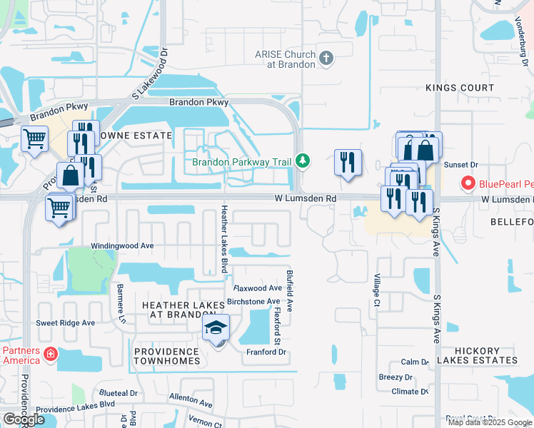 map of restaurants, bars, coffee shops, grocery stores, and more near 1407 Foxboro Drive in Brandon