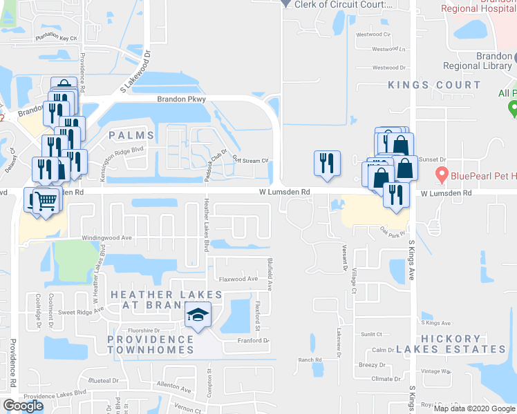 map of restaurants, bars, coffee shops, grocery stores, and more near 1407 Foxboro Drive in Brandon