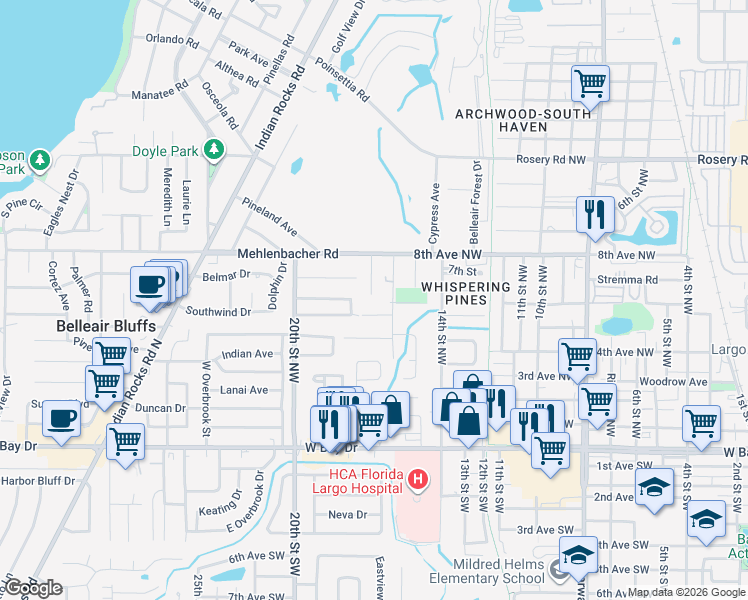 map of restaurants, bars, coffee shops, grocery stores, and more near 616 Heritage Lane in Largo