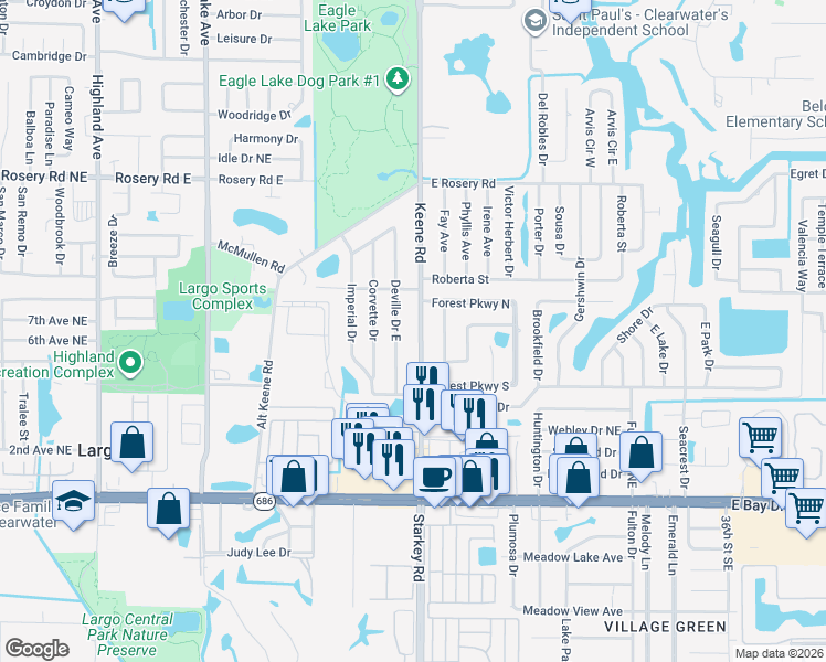 map of restaurants, bars, coffee shops, grocery stores, and more near 636 Keene Road in Largo