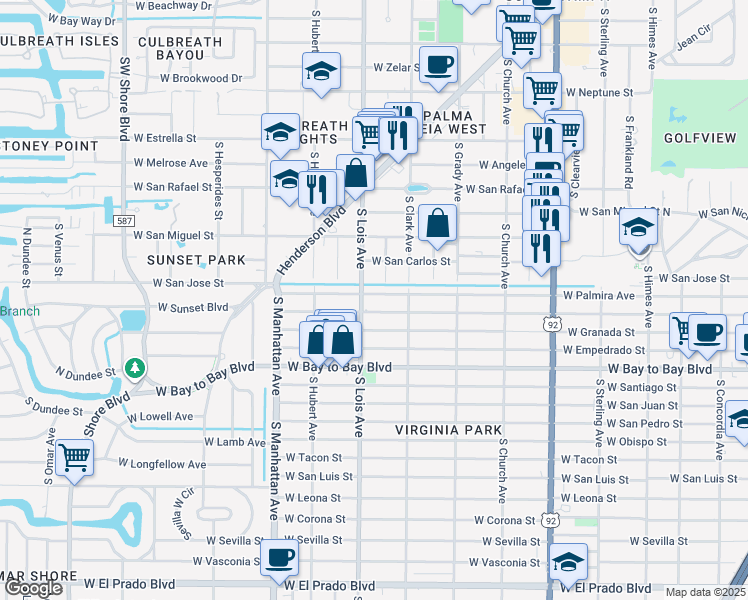 map of restaurants, bars, coffee shops, grocery stores, and more near 4118 West Palmira Avenue in Tampa