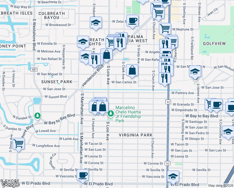 map of restaurants, bars, coffee shops, grocery stores, and more near 4118 West Palmira Avenue in Tampa