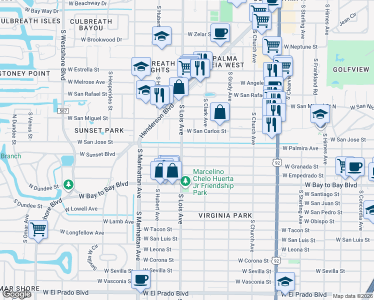 map of restaurants, bars, coffee shops, grocery stores, and more near 4118 West Palmira Avenue in Tampa