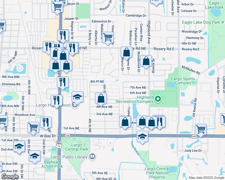 map of restaurants, bars, coffee shops, grocery stores, and more near 620 6th Avenue Northeast in Largo