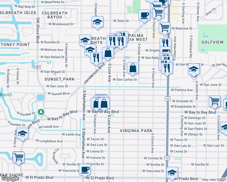 map of restaurants, bars, coffee shops, grocery stores, and more near 4118 West Palmira Avenue in Tampa