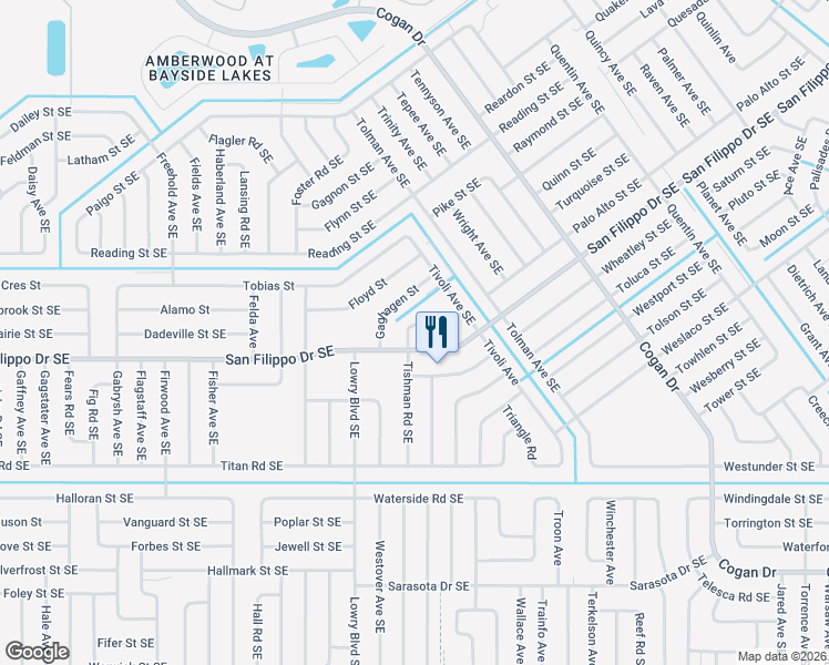 map of restaurants, bars, coffee shops, grocery stores, and more near 2884 Tishman Road Southeast in Palm Bay