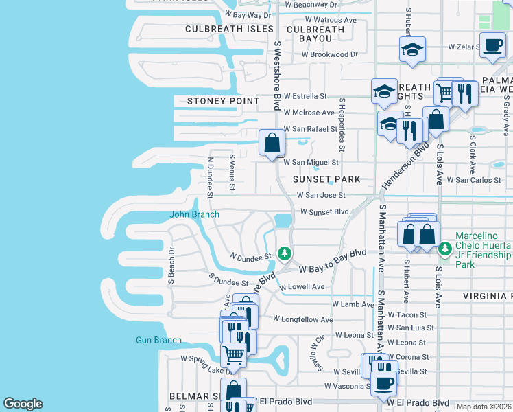 map of restaurants, bars, coffee shops, grocery stores, and more near 4819 West Sunset Boulevard in Tampa