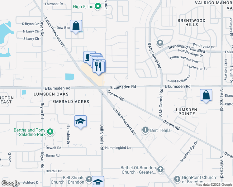 map of restaurants, bars, coffee shops, grocery stores, and more near 1101 Durant Road in Brandon